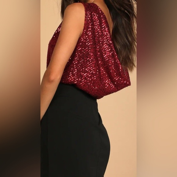 LULUS Evening Of Wonder Burgundy Sequin Cowl Back Bodysuit! - Picture 3 of 10